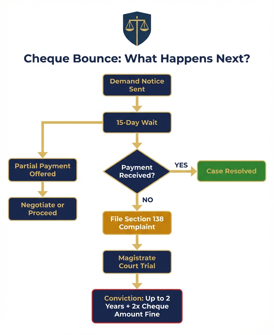 Cheque bounce demand notice outcome flowchart: payment, complaint, or negotiation paths