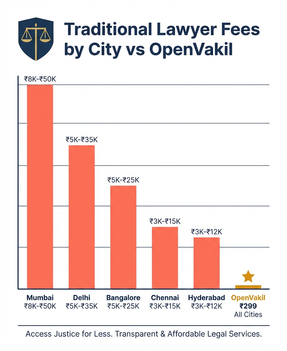 Lawyer fees by city vs OpenVakil: Mumbai, Delhi, Bangalore, Chennai, Hyderabad cost comparison