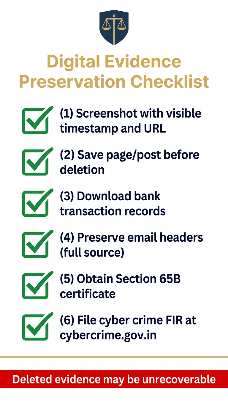 Digital evidence preservation checklist: screenshots, bank records, email headers, Section 65B certificate