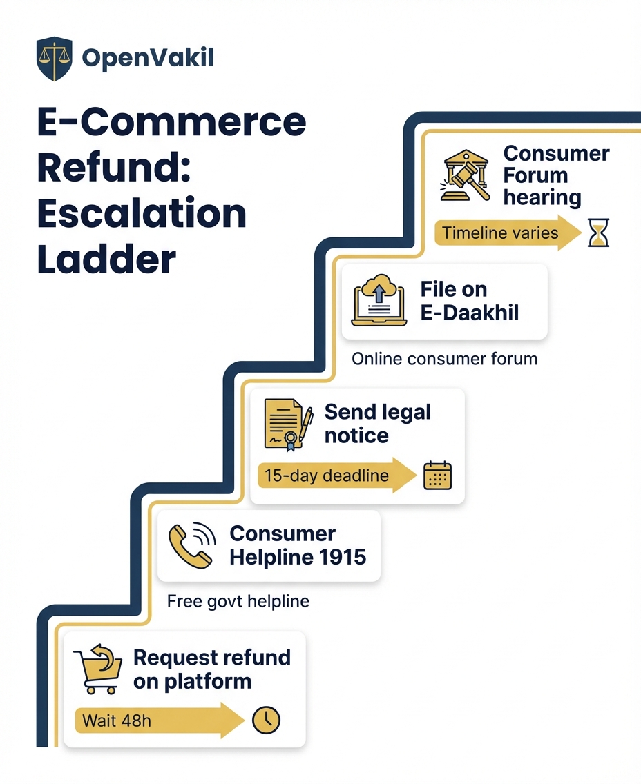 E-commerce refund escalation ladder: platform request, helpline 1915, legal notice, e-Daakhil, consumer forum
