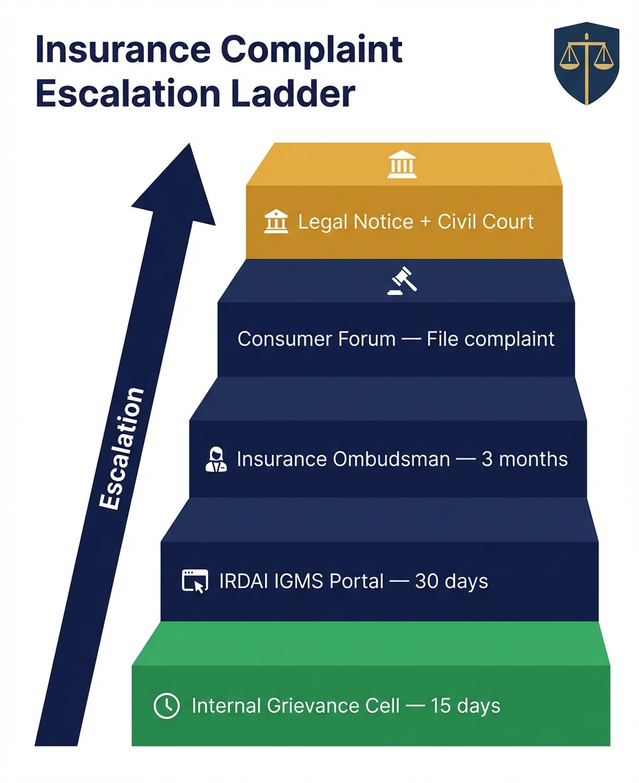 Insurance complaint escalation ladder: Grievance Cell, IRDAI, Ombudsman, Consumer Forum, Legal Notice