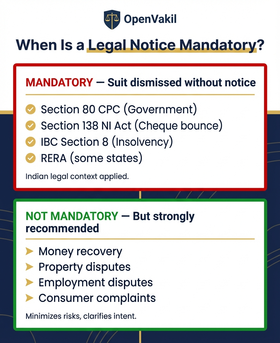Chart showing when a legal notice is mandatory vs recommended before court