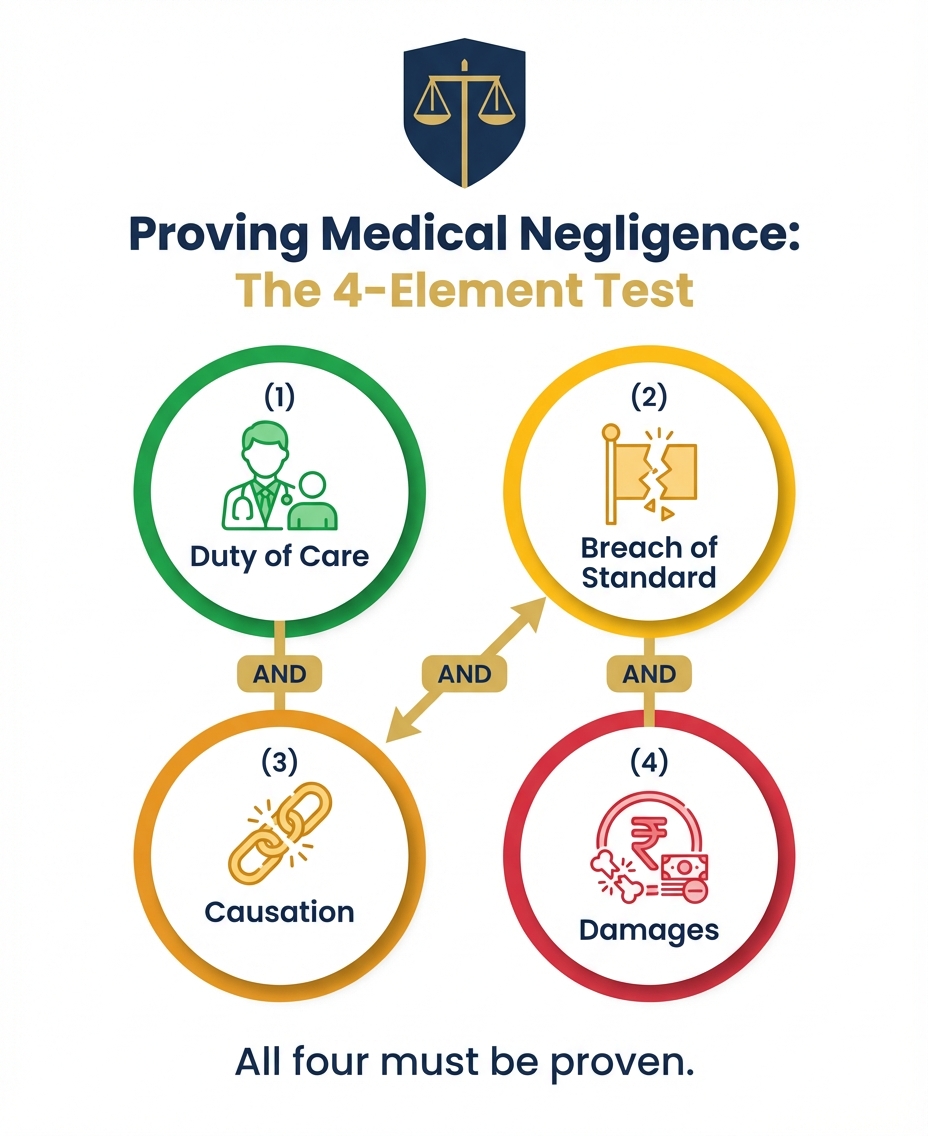 Four elements to prove medical negligence: duty of care, breach of standard, causation, damages