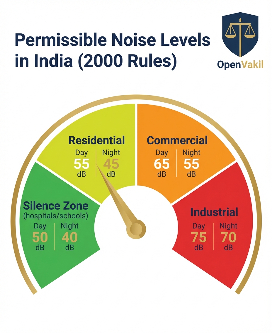 Permissible noise levels in India: industrial 75dB, commercial 65dB, residential 55dB, silence zone 50dB
