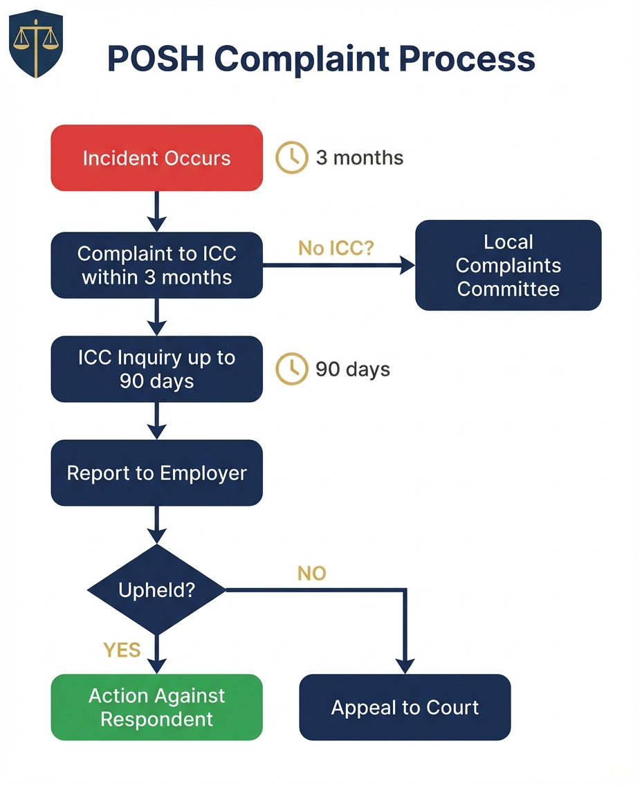 POSH Act complaint process flowchart: from incident to ICC inquiry to resolution