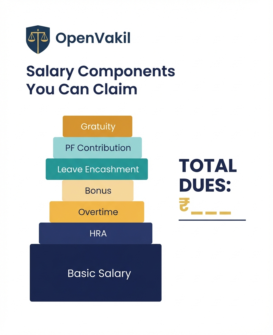 Claimable salary components: basic salary, HRA, overtime, bonus, leave encashment, PF, gratuity