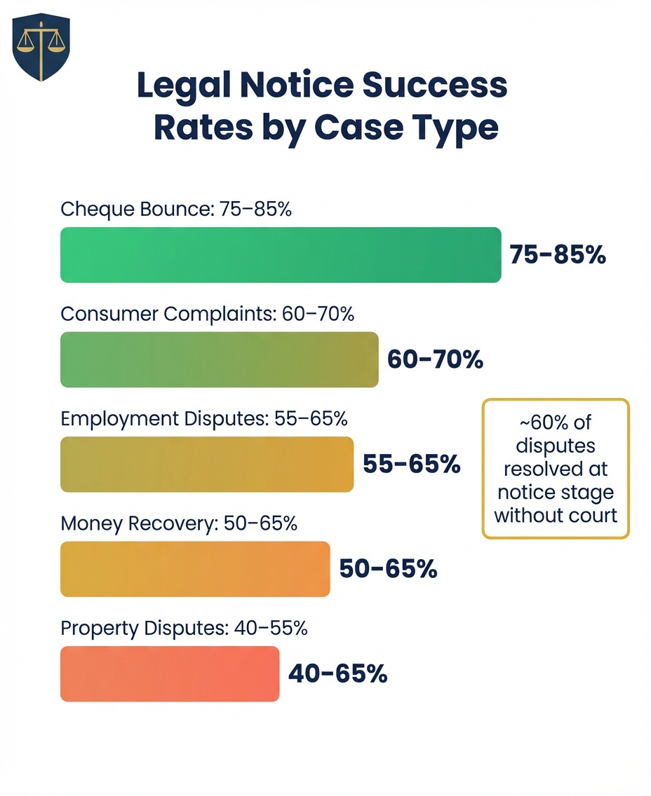 Legal notice success rates by case type: cheque bounce 75-85%, consumer 60-70%, employment 55-65%