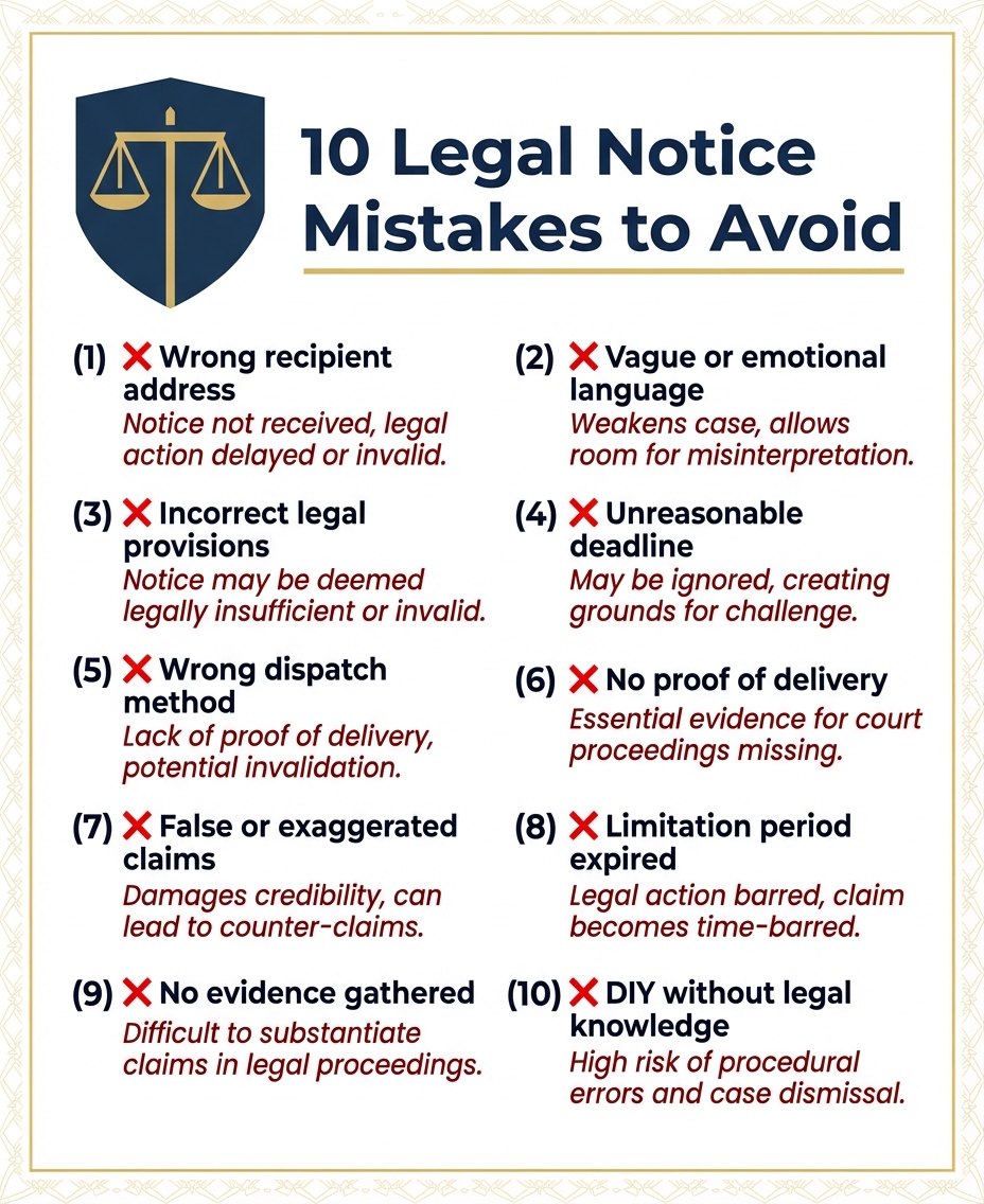 Ten common legal notice mistakes: wrong address, vague language, wrong provisions, unreasonable deadline, and more