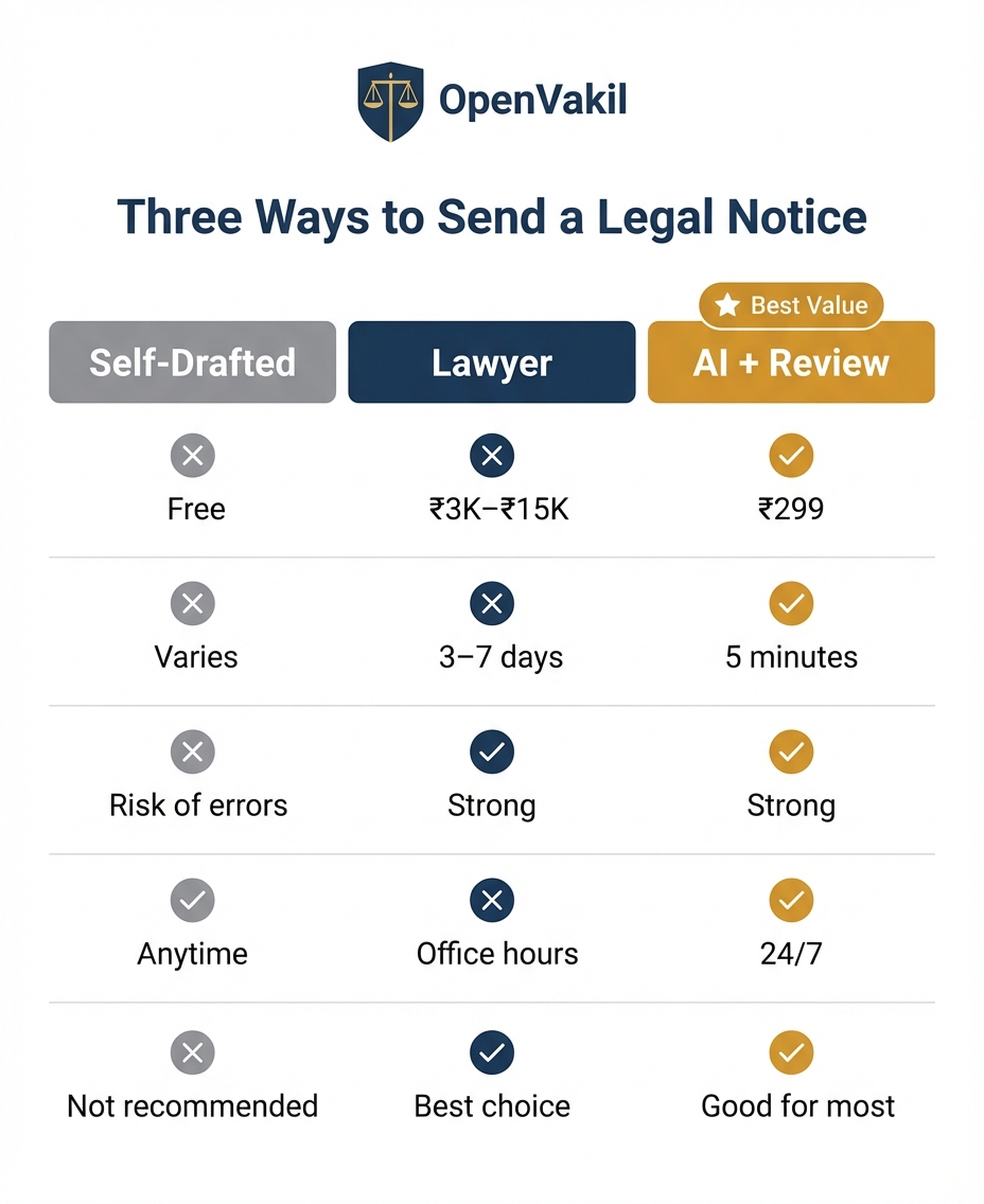 Three ways to send a legal notice compared: self-drafted, lawyer-drafted, and AI-assisted